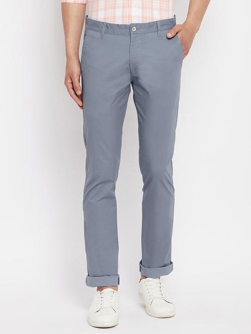 blue solid flat front casual trouser - 18409454 - Very Small Image - 1