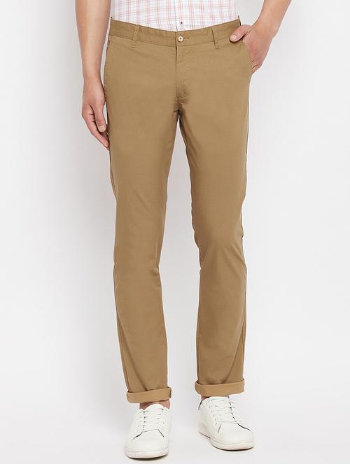 brown solid flat front casual trouser - 18409456 - Very Small Image - 1