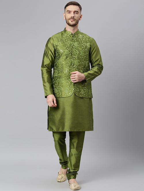 green kurta  pyjama with embroidered nehru jacket set - 18409528 - Very Small Image - 1