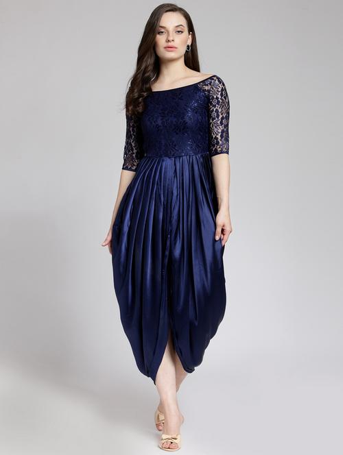 women navy blue self design off shoulder dress - 18410108 - Very Small Image - 1