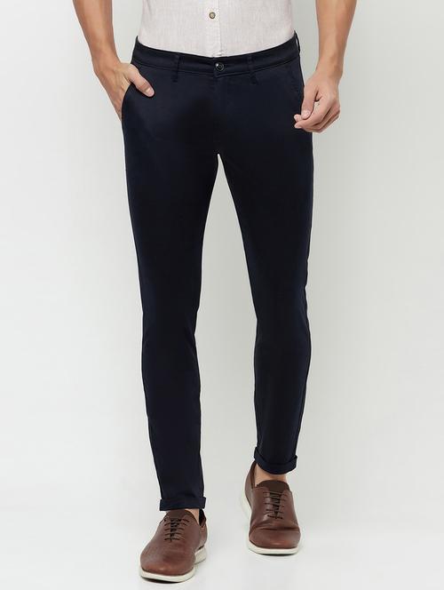 navy blue solid flat front casual trouser - 18410508 - Very Small Image - 1