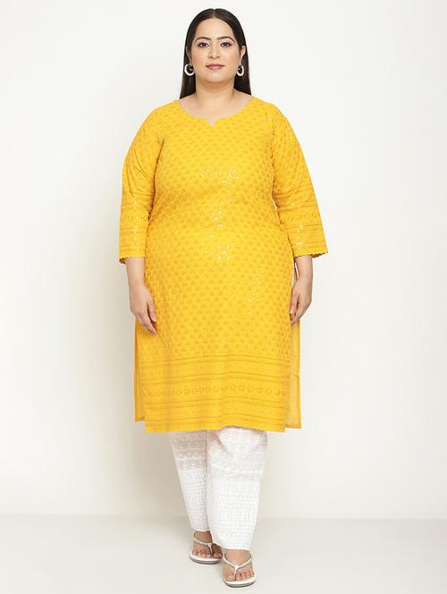 yellow chikankari straight kurta - 18411025 - Very Small Image - 1