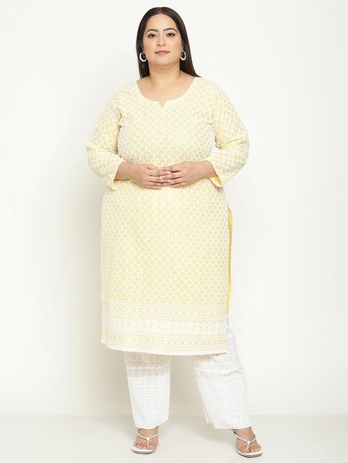 yellow chikankari straight kurta - 18411059 - Very Small Image - 1