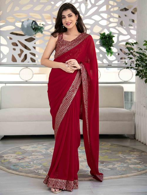 women's bordered red colored saree with blouse - 18411220 - Very Small Image - 1