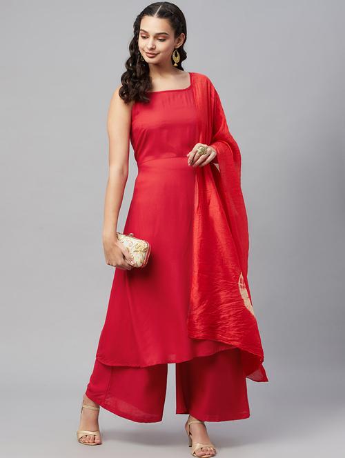 red kurta palazzo set with dupatta - 18412272 - Very Small Image - 1