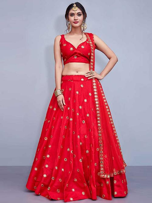 red embroidered flared lehenga - 18413285 - Very Small Image - 1