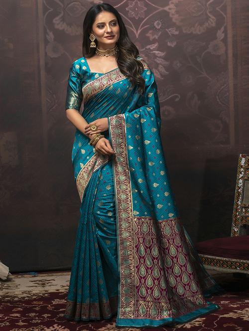 blue silk banarasi saree with blouse - 18416213 - Very Small Image - 1
