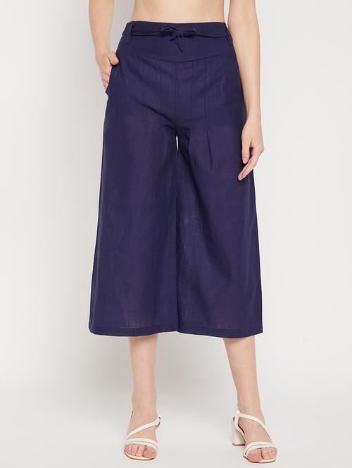 navy blue mid rise solid wide leg trouser - 18416446 - Very Small Image - 1