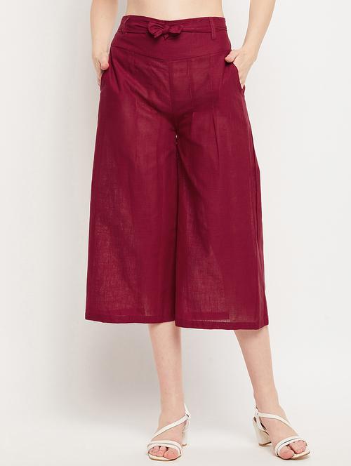 maroon mid rise solid culottes trouser - 18416447 - Very Small Image - 1
