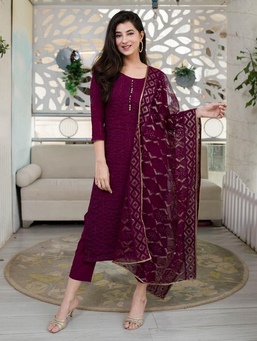 purple straight pant suit semi-stitched suit - 18416615 - Very Small Image - 1