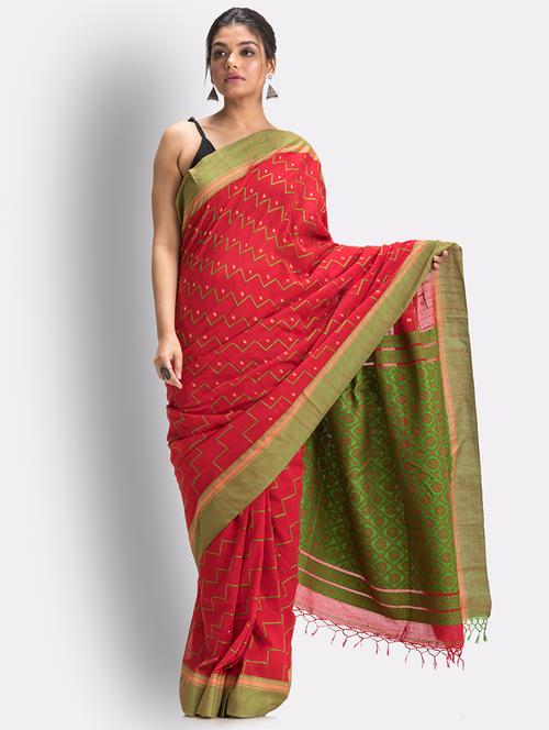 red handloom saree with blouse - 18416951 - Very Small Image - 1