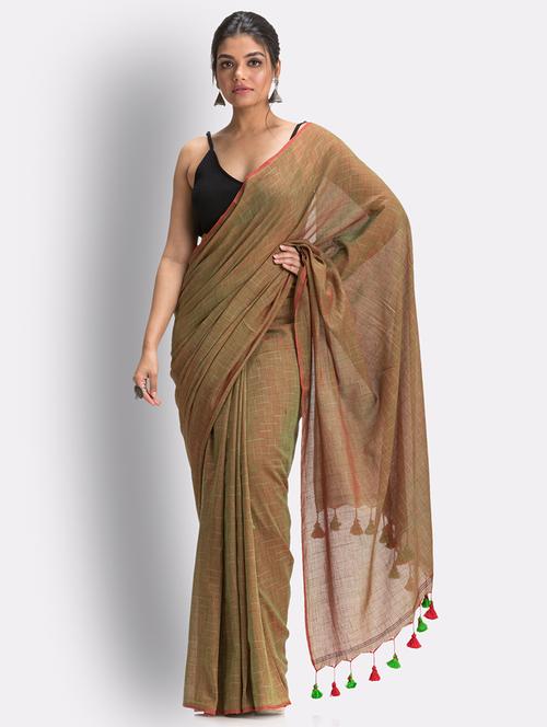 women's self design khaki colored saree with blouse - 18416954 - Very Small Image - 1