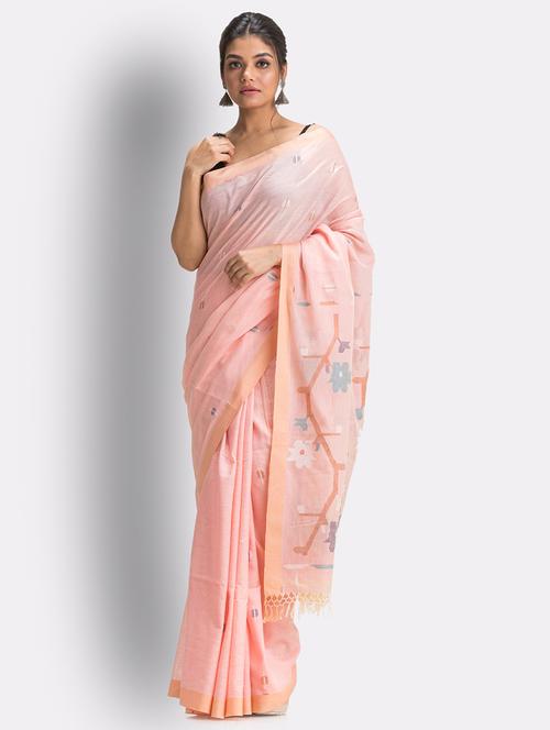 peach handloom saree with blouse - 18416959 - Very Small Image - 1