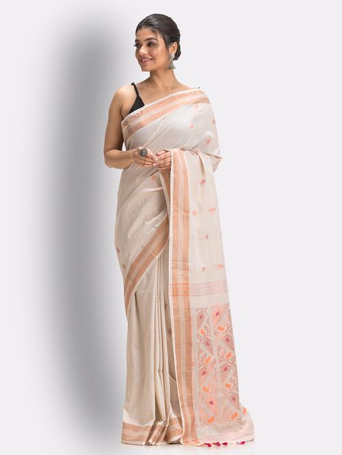 women's self design cream colored saree with blouse - 18416962 - Very Small Image - 1