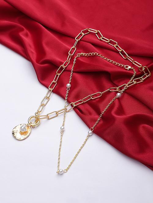 set of 2 pearl chain & golden linked necklace - 18417328 - Very Small Image - 1