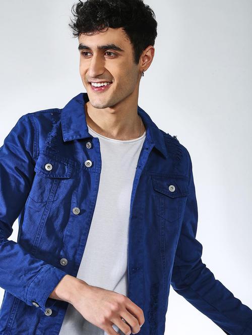 navy blue solid denim casual jacket - 18417401 - Very Small Image - 1