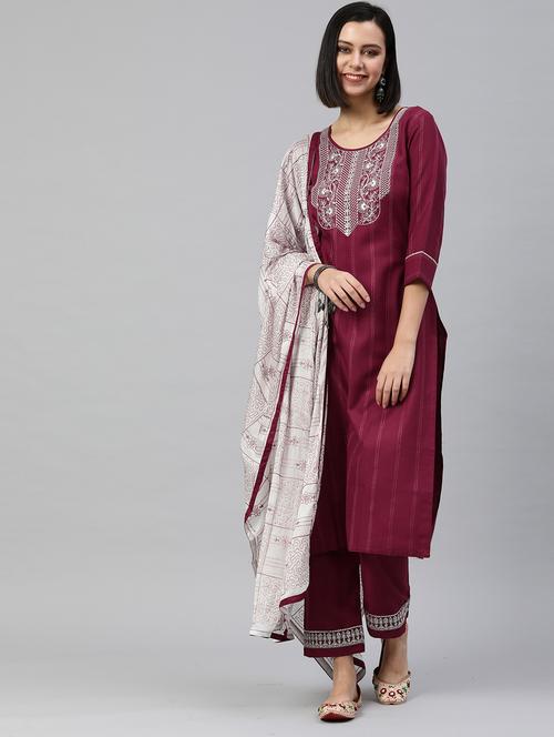 burgundy cotton blend kurta pant  set - 18418184 - Very Small Image - 1