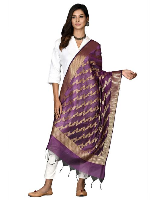 purple floral print banarasi dupatta - 18421164 - Very Small Image - 1