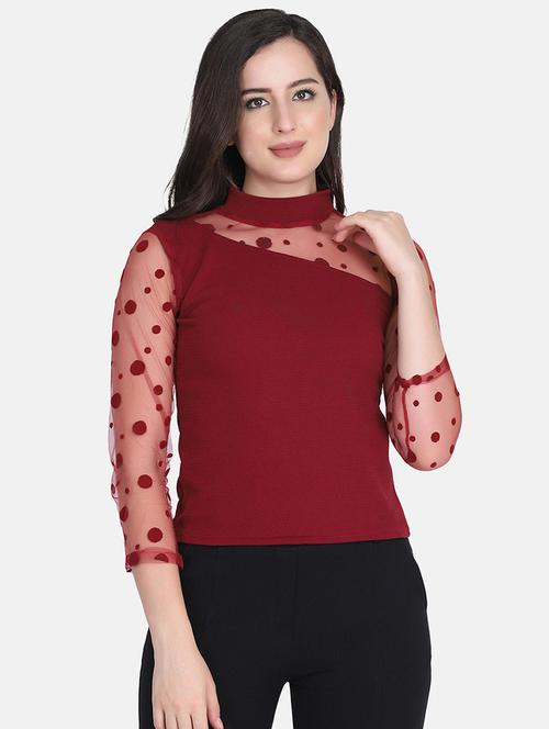 women's maroon mock neck top - 18421422 - Very Small Image - 1