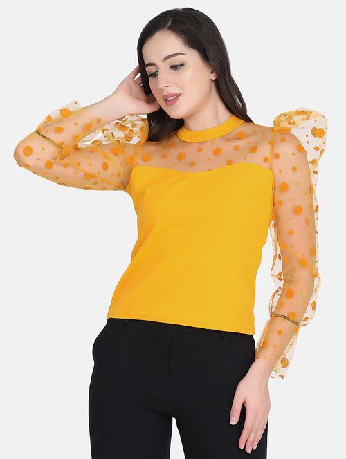 women yellow self design mock neck top - 18421424 - Very Small Image - 1