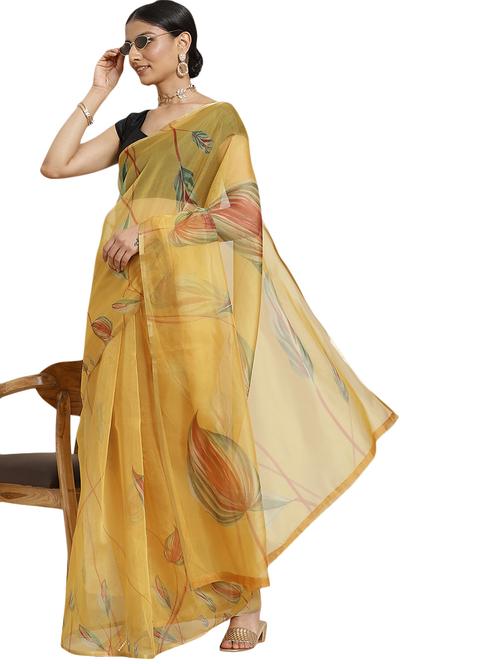 mustard organza printed saree with blouse - 18421663 - Very Small Image - 1