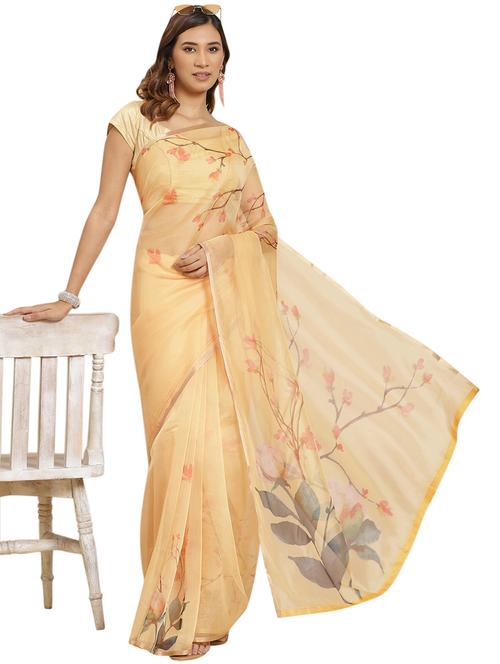 yellow organza printed saree with blouse - 18421666 - Very Small Image - 1