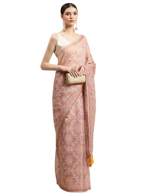 Peach Printed Saree With Blouse - 18421676 - Very Small Image - 1