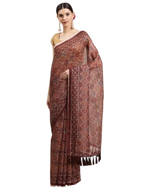 Brown Printed Saree With Blouse - 18421681 - Very Small Image - 1