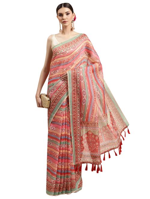 Multi Colored Printed Saree With Blouse - 18421690 - Very Small Image - 1