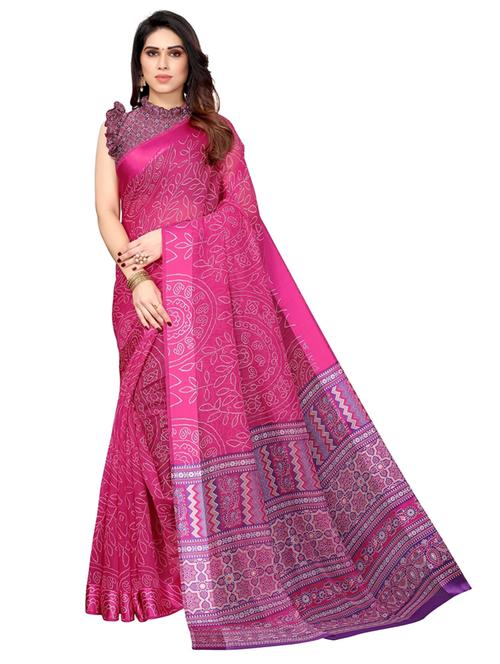 pink cotton blend printed saree with blouse - 18421875 - Very Small Image - 1
