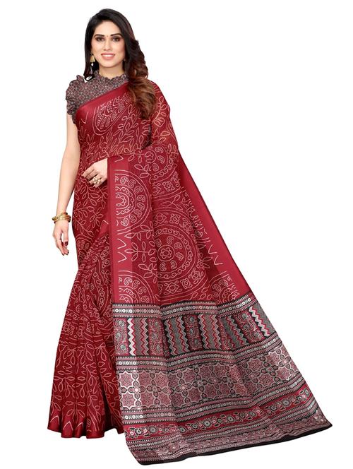 red cotton blend printed saree with blouse - 18421877 - Very Small Image - 1