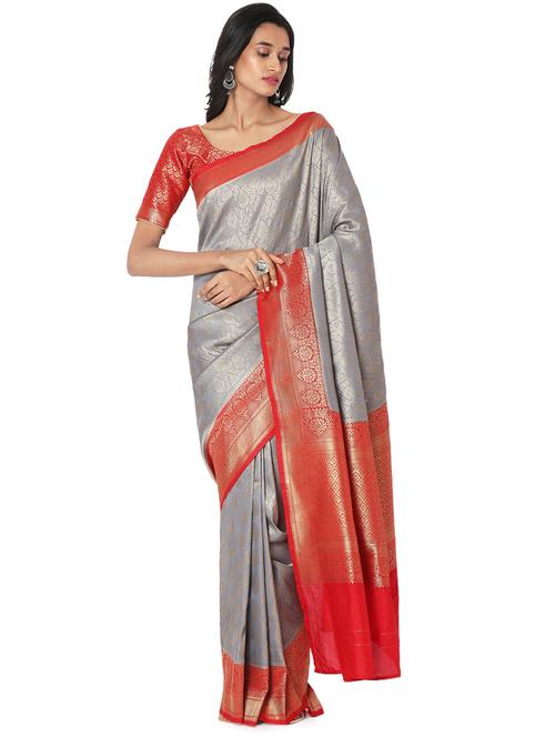 grey cotton blend printed saree with blouse - 18421900 - Very Small Image - 1