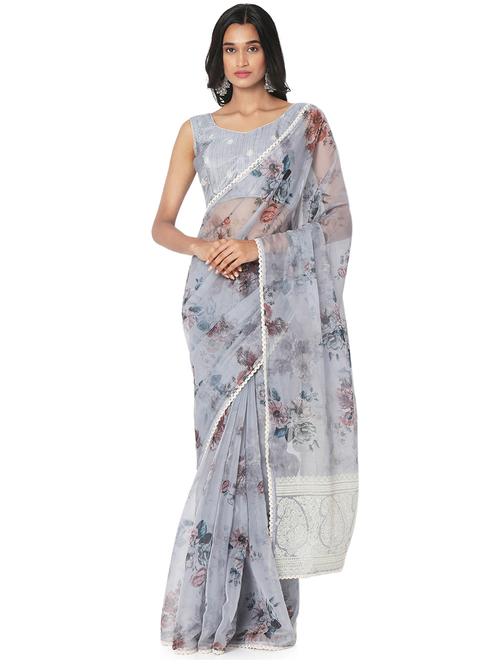 grey organza printed saree with blouse - 18421927 - Very Small Image - 1