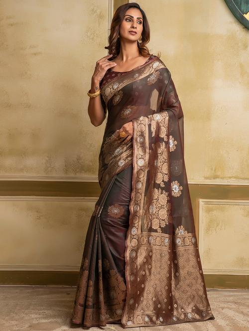brown cotton blend woven saree with blouse - 18422078 - Very Small Image - 1