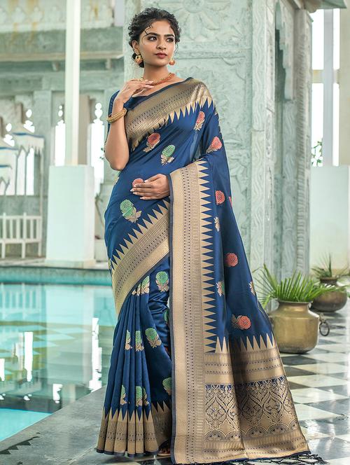 blue silk blend banarasi saree with blouse - 18422085 - Very Small Image - 1