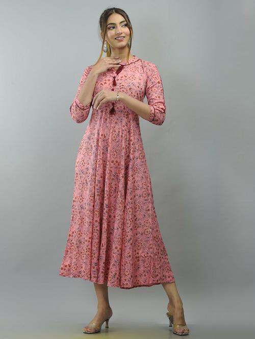 pink printed flared ethnic dress - 18424172 - Very Small Image - 1
