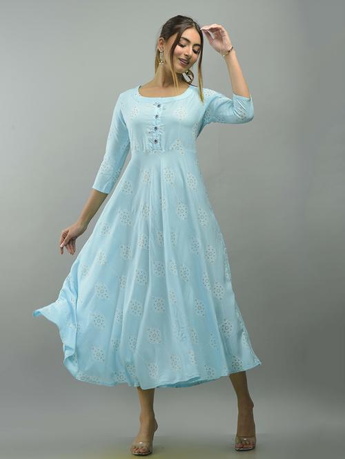 blue printed flared ethnic dress - 18424180 - Very Small Image - 1