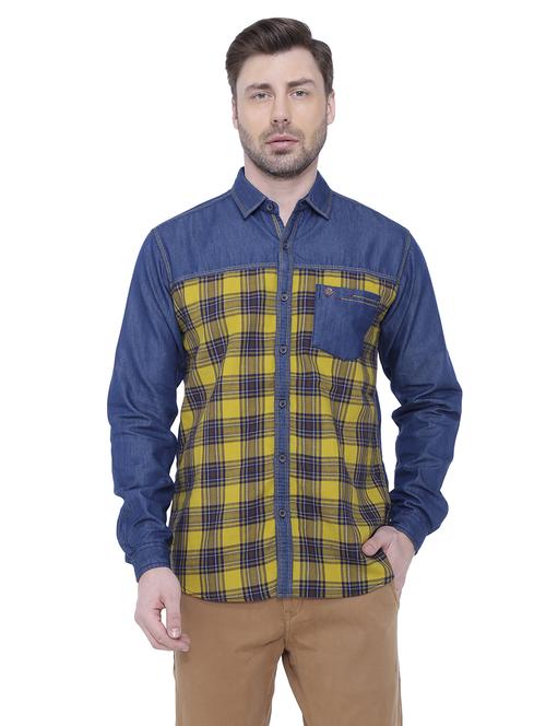 yellow checkered denim casual shirt - 18424562 - Very Small Image - 1