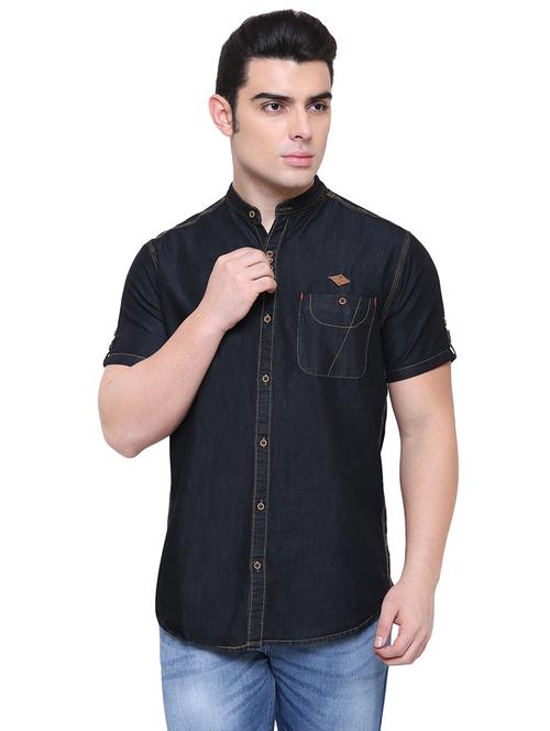 navy-blue solid denim casual shirt - 18424587 - Very Small Image - 1