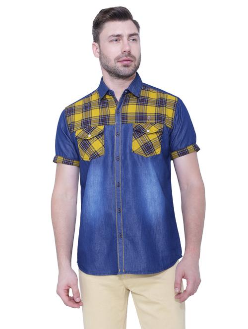yellow checkered denim casual shirt - 18424598 - Very Small Image - 1