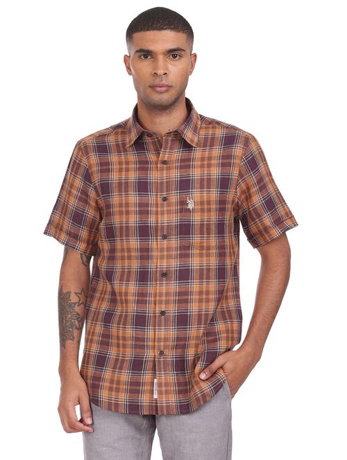 rust checkered casual shirt - 18426312 - Very Small Image - 1