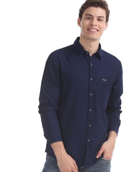 navy-blue solid casual shirt - 18426379 - Very Small Image - 1