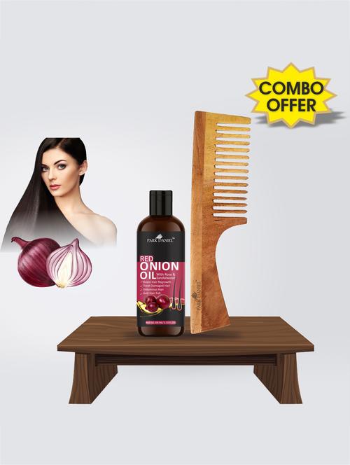 park daniel premium red onion oil hair oil (100ml) & neem ecofriendly wooden comb combo - 18428749 - Very Small Image - 1