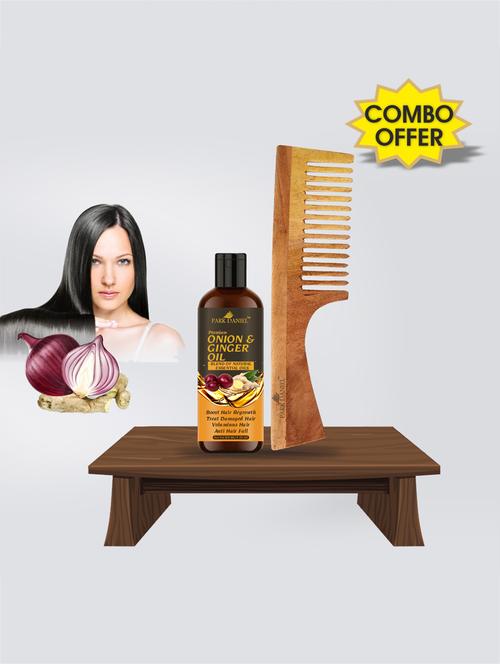 park daniel premium onion & ginger oil hair oil (100ml) & neem ecofriendly wooden comb combo - 18428755 - Very Small Image - 1