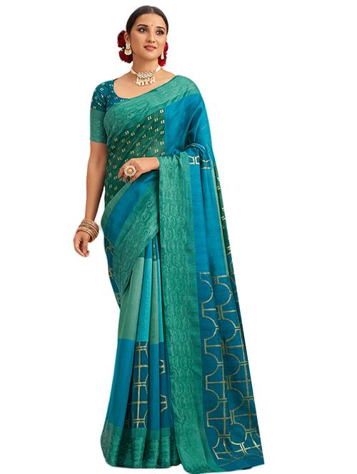 blue cotton silk printed saree with blouse - 18430733 - Very Small Image - 1