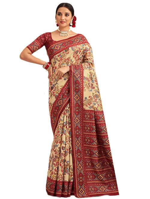 beige cotton silk printed saree with blouse - 18430741 - Very Small Image - 1
