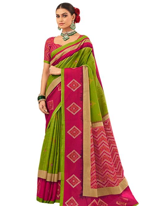 green cotton silk printed saree with blouse - 18430745 - Very Small Image - 1