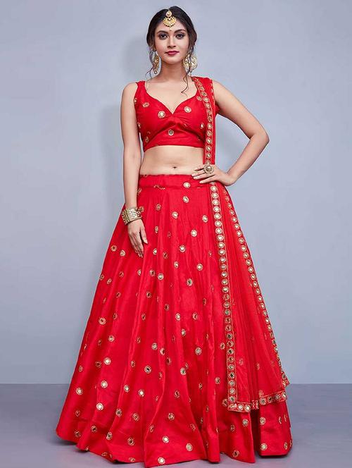 red satin flared lehenga - 18430844 - Very Small Image - 1