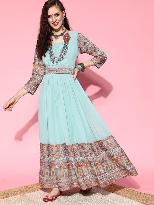 blue embroidered flared gown - 18431040 - Very Small Image - 1