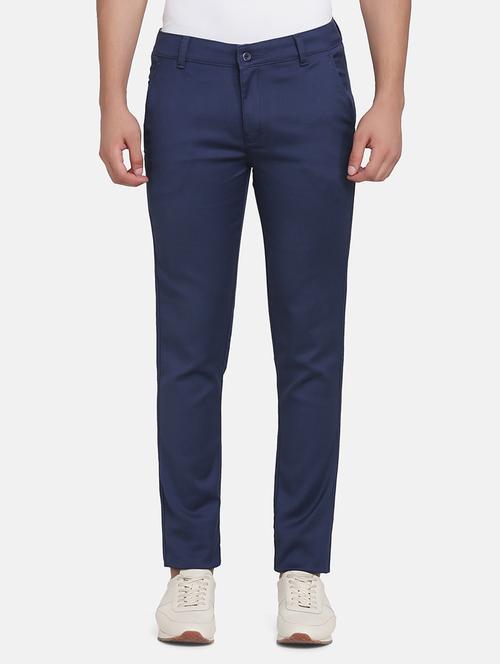 Navy Blue Solid Chinos Casual Trouser - 18431069 - Very Small Image - 1
